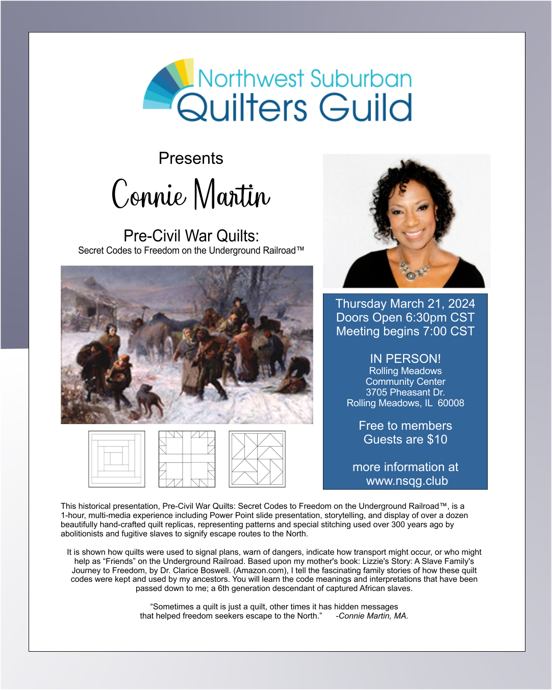 Connie Martin comes to NSQG March 21, 2024 flyer